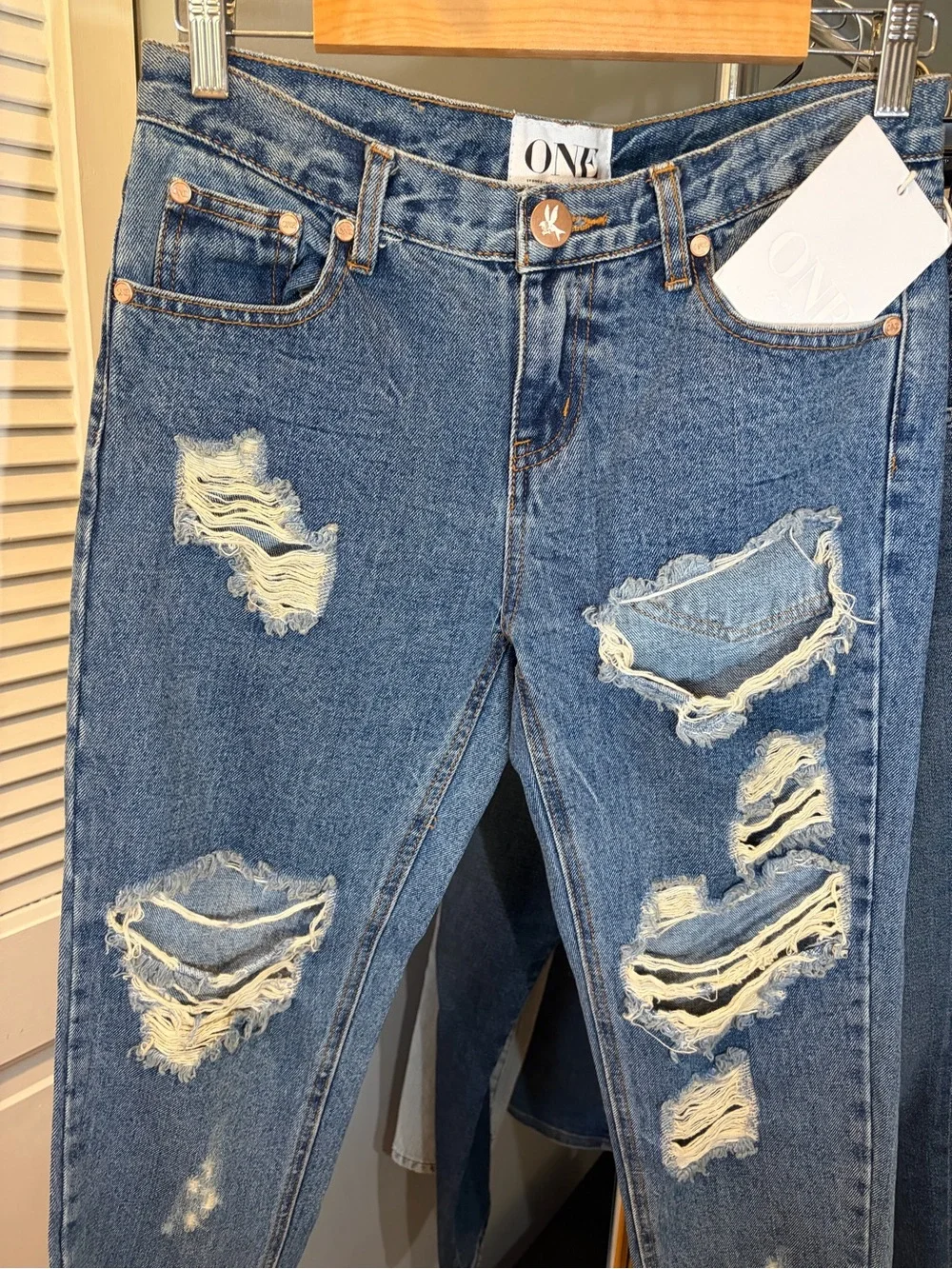One Teaspoon Blue Distressed Boyfriend Jeans Awesome Baggies Wolf Blue - Picture 3 of 8